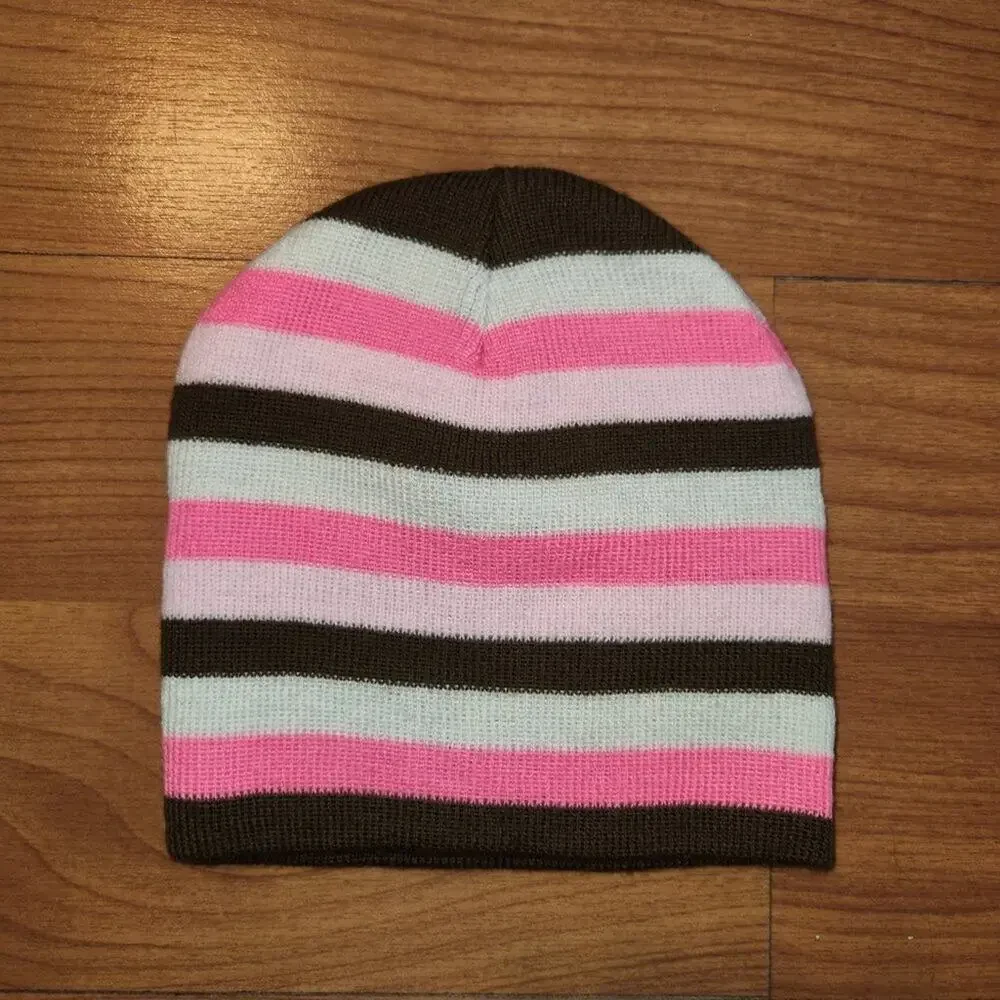 Faded Glory Girls Pink & Brown Stripped Hat Beanie Stocking Trapper Hat
